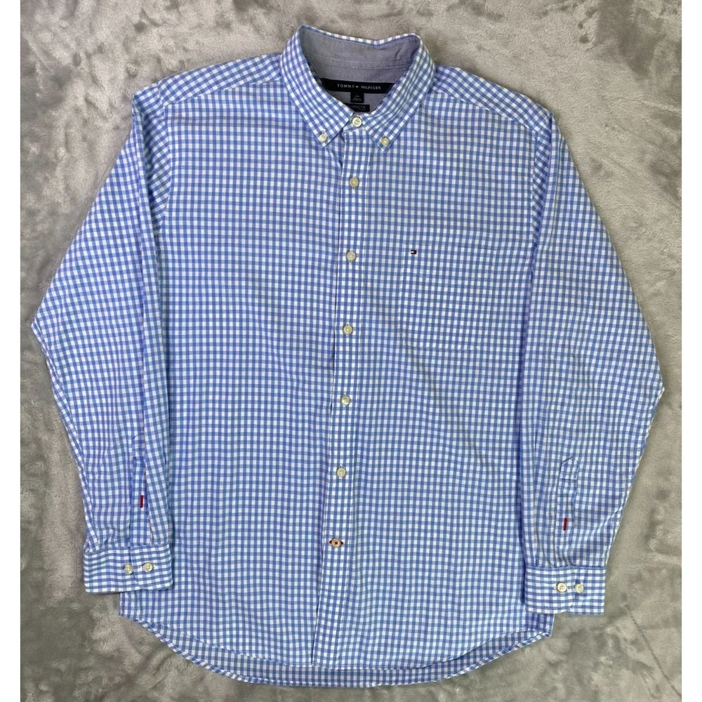 Tommy Hilfiger Button Down Shirt Mens Large Blue Gingham Classic Fit Long Sleeve